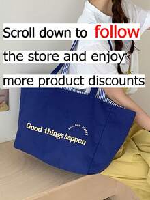 New Fashion Classic Clown Contrast Striped Design Large Capacity Lightweight Portable Tote Bag, Letter Graphic Decor Design Can Be Used On Both Sides, Shoulder Handbag Suitable For Travel And Shopping - Blue - View 3