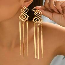 1 par de pendientes de alta gama con cadena de hueso de serpiente asimétrica geométrica martillada y borlas, adecuados para uso casual y diario, pendientes elegantes y encantadores para mujeres - Amarillo Oro - Ver 5