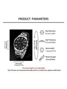 三件套商务男士实用礼品套装，包括：1 枚银黑色三眼计时钢表带腕表、1 个压纹短款钱包和 1 支黑色商务圆珠笔。腕表采用不锈钢表带、压纹表盘和 3D 立体时标，展现出沉稳优雅的风格。 - 銀色 - 查看 5