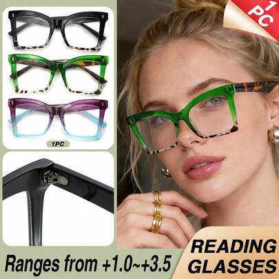 1pc Oversized Rectangular Reading Glasses, Trending Leopard Print Design, Minimalist Solid Color Temples, Suitable For Daily Wear, Unisex