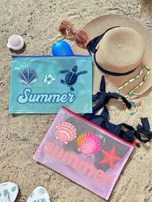 Waterproof PVC Beach Bag With "Summer" Beach Pattern, A4 Transparent Document Bag, Large Capacity Cosmetic Bag, Mesh Zipper Pouch, Portable Swimming Bag, Suitable For Swimming, Diving, Summer Vacation, Back To School, Outings, Daily Life, Travel Essentials, Perfect Gift For Family, Friends, Loved Ones, Teachers, Suitable For Birthdays, Holidays, Parties, Mother's Day, Back To School And Other Occasions - Multicolor - View 6
