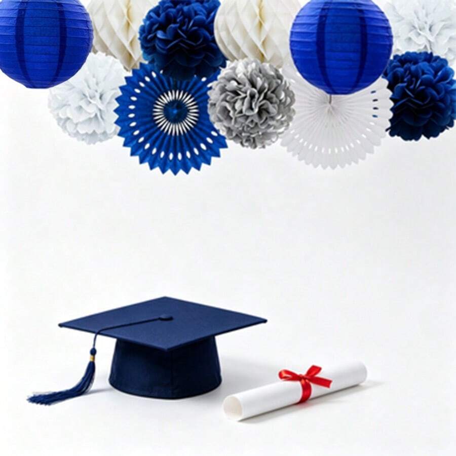 1 Set (11pcs) Blue, Silver & White Flower Fan, Lantern, Honeycomb Party Decoration Hanging Set, Includes 2 Fans, 2 Lanterns, 2 Honeycombs & 5 Flower Balls, Suitable For Bridal Shower, Birthday Party, Baby Shower, Wedding, Christmas, Engagement Party, Father's Day, Blue Birthday Decor For Men, 2026 Graduation Decor - Multicolor - View 1