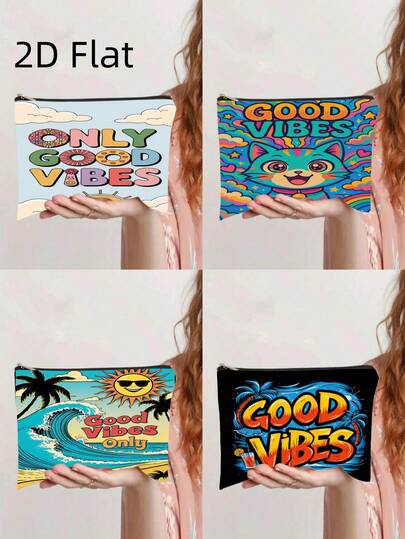 Good Vibes Only 夏季海滩印花化妆包，彩色猫咪主题便携式拉链袋