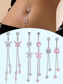 1 chiếc khuyên rốn dễ thương dạng treo 14G hình bướm và hoa dành cho nữ, khuyên rốn bằng thép không gỉ 316L. - Bạc - Xem 1