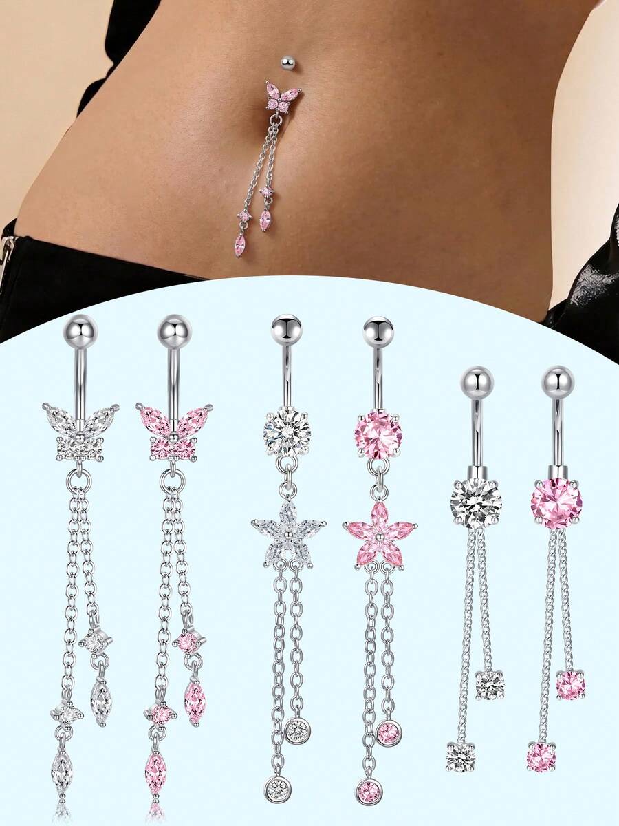 1 chiếc khuyên rốn dễ thương dạng treo 14G hình bướm và hoa dành cho nữ, khuyên rốn bằng thép không gỉ 316L. - Bạc - Xem 1