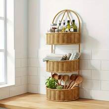 2/3 Tier Vintage Wall Hanging Storage Baskets, Natural Woven Rattan, Farmhouse Style Handmade Wicker Baskets, Wall Decor Baskets For Kitchen, Bedroom, Bathroom, Multi-Functional Woven Wall Hanging Baskets - View 4