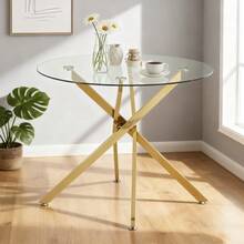 Round Dining Table With Tempered Glass Top And Gold-Colored Legs, Coffee Table, Modern Minimalist Dining Table, 80 * 80 * 76 Cm - Gold - View 1