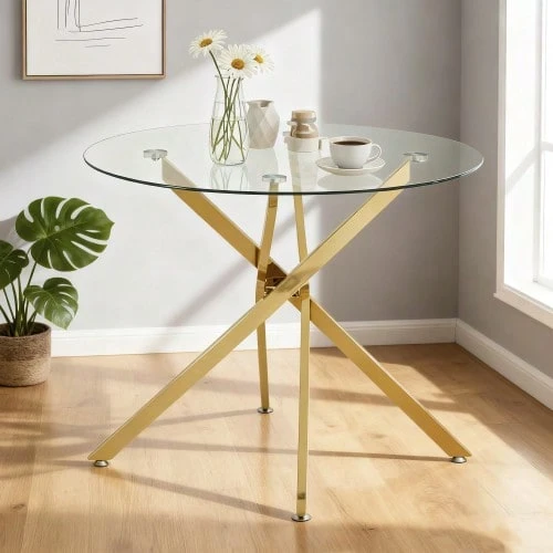 Round Dining Table With Tempered Glass Top And Gold-Colored Legs, Coffee Table, Modern Minimalist Dining Table, 80 * 80 * 76 Cm - Gold - View 1