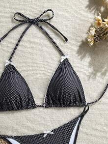 Solid Color Elegant Beaded Detail Halter Bikini Set For Beach Vacation Black Summer - Black - View 4