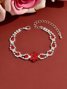 1pc Luxury Stackable Rhinestone Flower Chain Bracelet, Adjustable Copper Material, Suitable For Wedding, Gala, Beach Party, Valentine's Day, Anniversary - Red - View 2