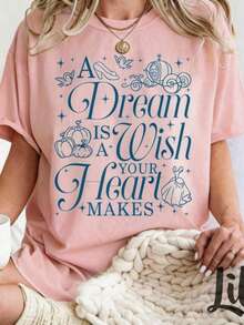 Loose Y2K Aesthetic Women Cotton T-Shirt, Inspirational Princess Print Round Neck Top For Summer Daily Outdoor Street Work Outfits - 粉色 - 查看 1