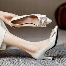 Fashionable Crystal Embellished Pointed Toe Slip-On High Heel Office Work Shoes - White - View 2