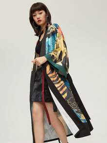 Áo khoác kimono dáng lửng in họa tiết hổ phong cách Trung Hoa cổ điển, áo khoác chống nắng bằng chiffon cho kỳ nghỉ hè ở bãi biển. - màu đen - Xem 4