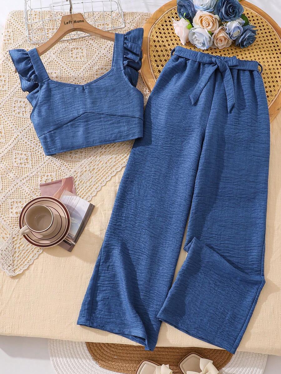 Left Mama Bộ 2 món cho bé gái, áo croptop tay bồng đơn giản, quần ống đứng, thích hợp cho mùa hè. - Màu xanh lam - Xem 1