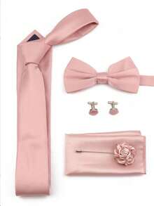 4件套伴郎婚礼配饰套装，包括领带、领结、口袋巾、胸花、袖扣，粉色莲花风格，INS风 - 藕粉色 - 查看 1
