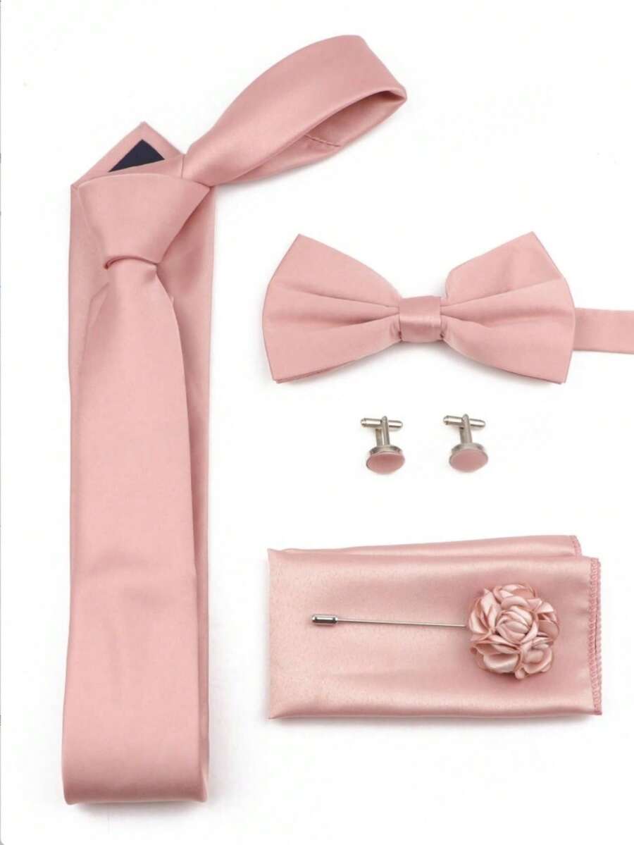 4件套伴郎婚礼配饰套装，包括领带、领结、口袋巾、胸花、袖扣，粉色莲花风格，INS风 - 藕粉色 - 查看 1