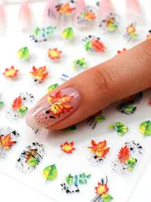 1pc Water-Based Ink Leaf Nail Stickers, Self-Adhesive One-Time Use Embossed Nail Art Decor, Ins Style Personalized Manicure, Suitable For Daily Commute, Vivid Pattern, Long-Lasting And Won't Peel Off - Multicolor - View 1