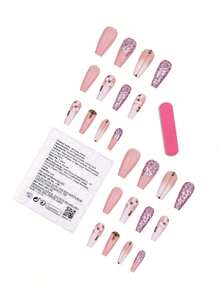 24 móng tay giả vuông hình quan tài màu hồng ombre, móng giả acrylic bóng mượt phủ toàn bộ bề mặt, đính đá, móng dán dành cho nữ và bé gái để làm móng. - Nhiều màu - Xem 7