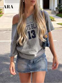 Camiseta de lino gris de verano para mujer ARA CHIC con estampado del número 13, top holgado de manga corta con hombro asimétrico, ropa casual - Gris - Ver 1