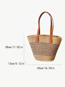 Chic Handmade Woven Straw Single Tote Bag, Casual Hollow Out Weave Fabric Top Handle Handbag, Large Capacity Solid Khaki Beach Vacation Bucket Tote Bag, Great For Summer Beach Trip, Island Vacation, Shopping, Daily Strolling, Outdoor Outing - Khaki - View 3