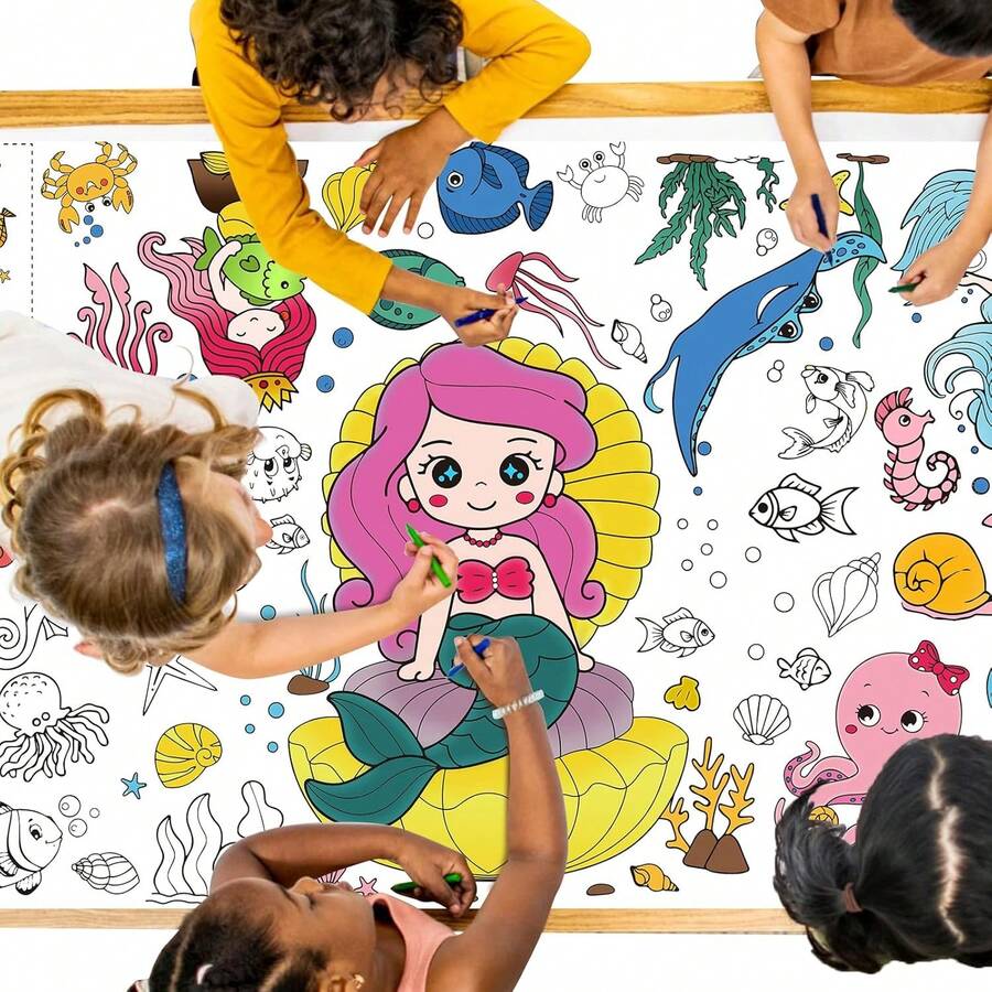 Póster para Colorear - 72 x 28 Mantel Gigante para Colorear Niños, Mantel Papel Colores Resistente,Decoración de Cumpleaños, Suministros de Fiesta Cumpleaños (Mermaids) - sirenas - Ver 1
