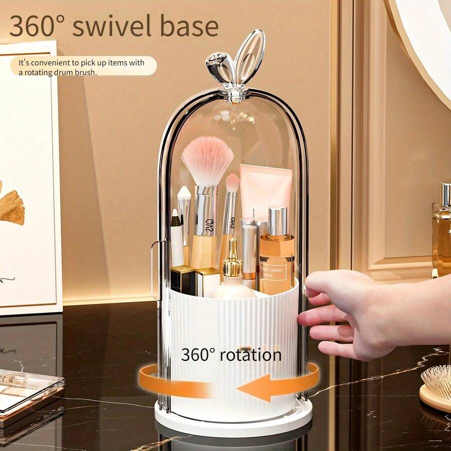 360°旋转迷你化妆品收纳盒，带透明防尘盖 – 透明塑料化妆品收纳盒，可收纳刷子、口红、护肤品和文具 – 节省空间设计，优雅兔子造型旋钮，女士完美礼物（白色、粉色、米黄色），桌面收纳盒，趣味兔子旋钮，经久耐用，化妆品配件