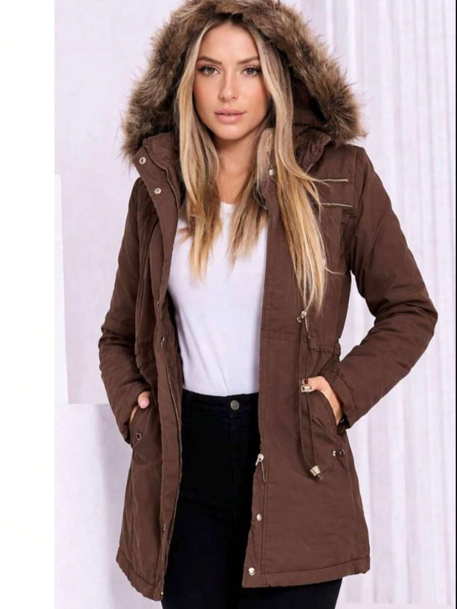Women's Lined Twill Parka - Chocolate Brown - View 1