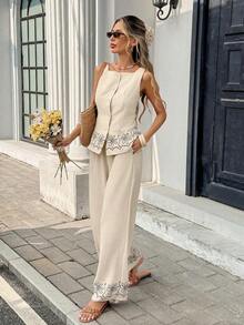 Women's Floral Print Single-Breasted Vest And Pants Casual 2 Pieces Set Summer,Imitation Embroidery Floral Print Design,Contrast Print Sleeveless Top + High-Waisted Wide-Leg Pants Two-Piece Set, Beige Two Piece Set, Summer Pant Set, Linen Two Piece Set, Boho Two Piece Set,Slimming Casual Set,Summer Vacation Outfits,Holiday Outfits For Women, Summer Outfits For Women , Spring To Summer - Màu be - Xem 3