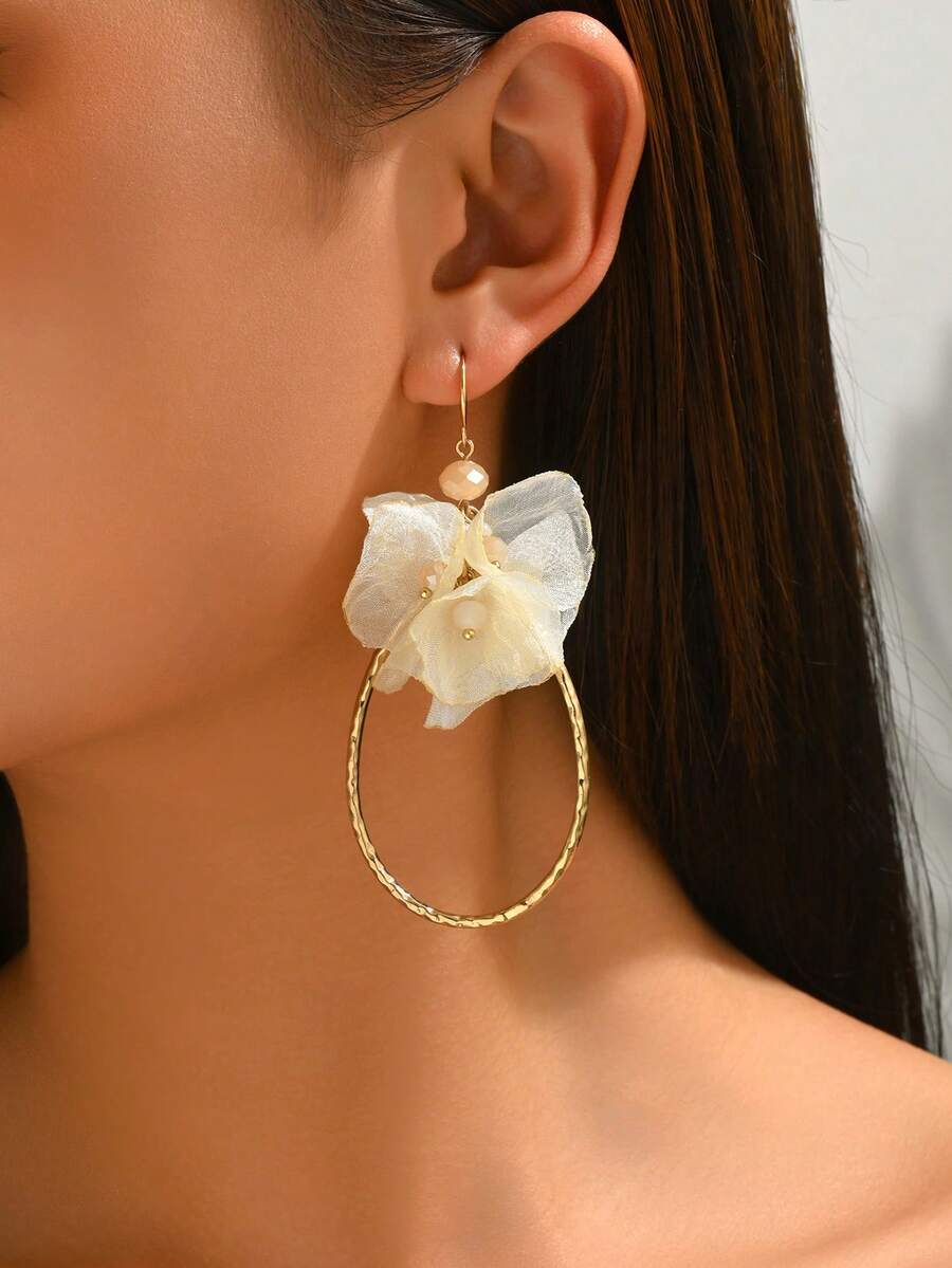 1 Pair Elegant Fabric Flower Long Earrings, Suitable For Daily Wear (Bead Color Random) - Beige - E1334 - View 1
