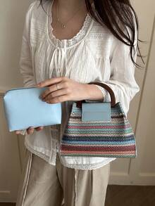 2pcs Rainbow Striped Woven Handbag Set, Women's Fashion Straw Shoulder Bag & Tote - Multicolor - View 4