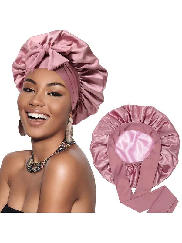 1pc Women's Satin Bow Tie Sleep Cap,Double Layer Reversible Hair Bonnet For Curly Hair Protection, Large Silky Sleep Cap Casual, Comfortable, Soft, Breathable, Non-Slip, Home Daily Style, Suitable For Sleep Hair Styling, Hair Care Cap,Double Layer Satin Sleep Cap For Muslim Women