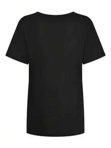 Camiseta Clásica Casual para Mujer con Estampado Romántico de París, Negra, Manga Corta, Cuello Redondo, Hombros Caídos, Tejido de Punto de Elasticidad Media, Camiseta de Verano - Negro - Ver 3