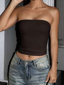 Muse Moon Women's Seamless Strapless Solid Color Elastic Fitted Camisole, Spring/Summer Strapless Basic Camisole - Brown - View 9