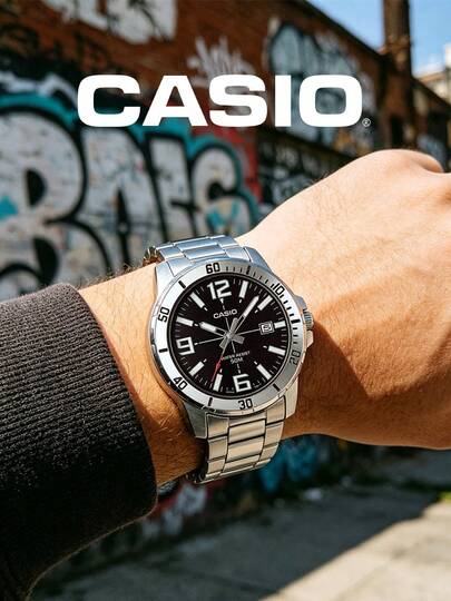 Casio 卡西欧腕表，坚固耐用的银色钢表壳搭配黑色表盘，MTP-VD01系列，醒目的运动型模拟表盘，配备大日期显示，优质不锈钢表带亲肤舒适，适合日常休闲、户外社交、周年纪念等场合，是绅士淑女的理想之选，外观时尚，是送给他/她的生日礼物，防水，男女皆宜 - MTP-VD01D-1B