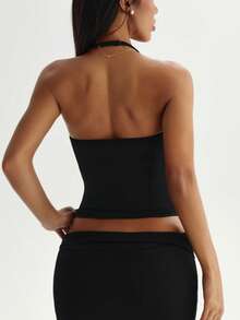 Top deportivo de verano para mujer Aoqta, de unicolor, sin mangas, con espalda de tirantes y almohadilla en el pecho. Diseño básico minimalista y versátil, adecuado para yoga, correr, entrenamiento y uso diario. - Negro - Ver 2