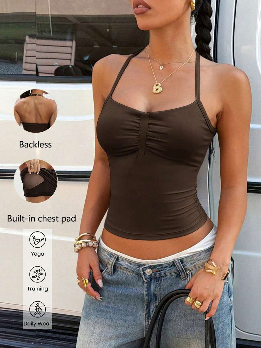 Áo thể thao nữ Aoqta Sports mùa hè, màu trơn, không tay, kiểu dáng racerback, có đệm ngực, thiết kế tối giản, cơ bản, đa năng, phù hợp cho yoga, chạy bộ, tập luyện và mặc hàng ngày. - màu nâu - Xem 1