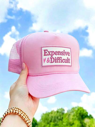 1pc Women's "Expensive & Difficult" Trucker Hat, Personalized Letter Embroidered Baseball Cap, Street Fashion 5-Panel Hat, Outdoor Sun Protection Casual Cap Suitable For Spring, Autumn, Travel, Beach, Summer, Holiday, Festival