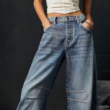 Women's Jeans Section: Women's Horseshoe-Shaped Barrel Jeans, Mid-Waist Wide-Leg Jeans, Loose Fit, Slim Tapered Leg Casual Jeans. - 藍色 - 查看 4