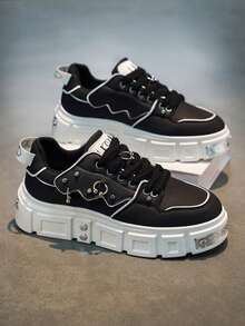 2026 New Couple Shoes, Suitable For Men And Women, High-End Rotary Buckle Outdoor Comfortable Extra Large Size, Punk Style Old Chunky Shoes With Metal Ring Cyber Mesh Buckle, Casual Comfortable Nightclub Stage Fashion High Heel Thick Bottom Casual Shoes, British Style Korean Version Versatile Sneakers, Black - Black - View 5