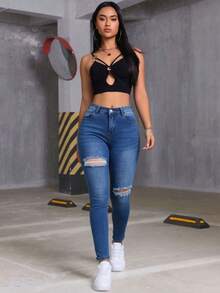 Women's Skinny Denim Jeans With Elastic Mid-Rise Knees, Butt Lifting Pants - Blue - View 8