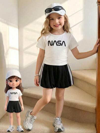 Bộ 2 món/Bộ áo thun dài tay thêu hình ngựa phong cách thể thao thường ngày cho bé gái và quần ống loe kẻ sọc lụa lạnh ôm vừa vặn, đa năng cho mùa thu
