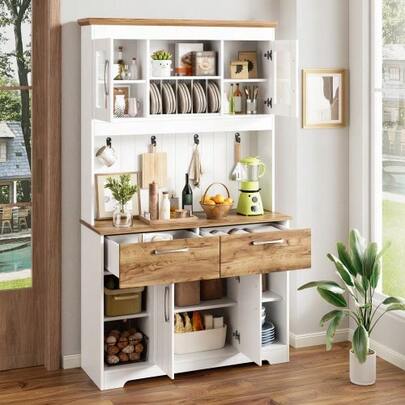 Large Kitchen Sideboard With Storage Space, Equipped With Glass Doors, 2 Drawers, Doors And Hooks - Modern Style, Ideal For Kitchen, Dining Room And Hallway: 106 * 39 * 176.5 Cm