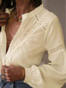 Women's Solid Color Lace Patchwork Blouse Summer - Yellow - View 1