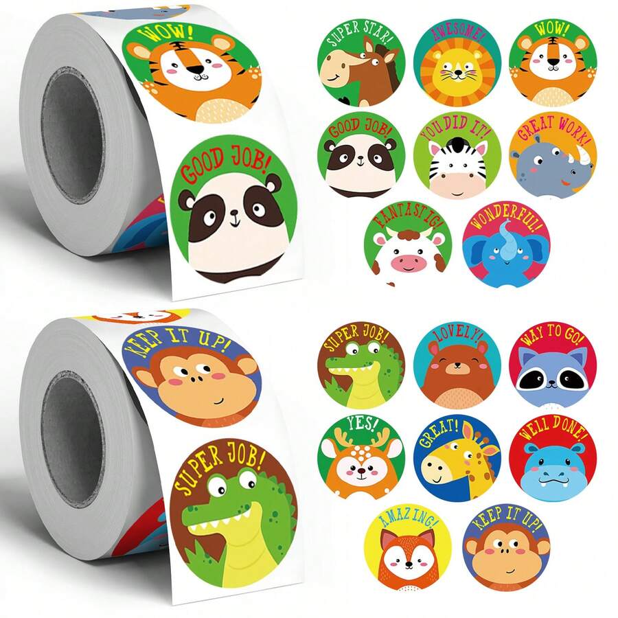 500pcs Large Animal Encouragement Stickers, 1 Inch Round, 2 Styles Available, For Envelopes, Magazines, Phone Cases, Water Bottles, Computers, Helmets, Scrapbooks, DIY Decoration, Holiday Party Gift Wrapping, PVC Self-Adhesive Sealing Stickers - Big-headed Animals Encourage - View 1