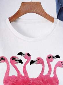 Round-Neck Short-Sleeved Cotton T-Shirt With Flamingo Print, Standard Size For Women's Summer Outfit. - Blanc - View 3