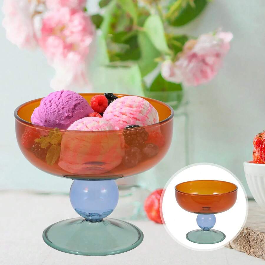 1个彩色冰淇淋杯,琥珀绿、蓝、灰、粉色球形带柄甜点布丁玻璃杯沙拉碗香槟碟 - 彩色 - 查看 1