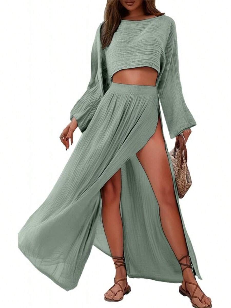 Summer 2026 Green Linen Boho Two Piece Set Crop Top Slit Maxi Skirt High Waist Vacation Matching - Green - View 1