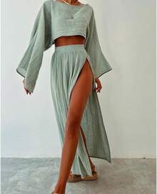 Summer 2026 Green Linen Boho Two Piece Set Crop Top Slit Maxi Skirt High Waist Vacation Matching - Green - View 3