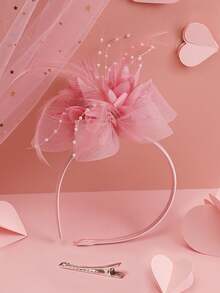 2-In-1 Pink Flower Hair Clip & Headband, Versatile Pink Feather & Mesh Flower Fascinator - Pink - View 2