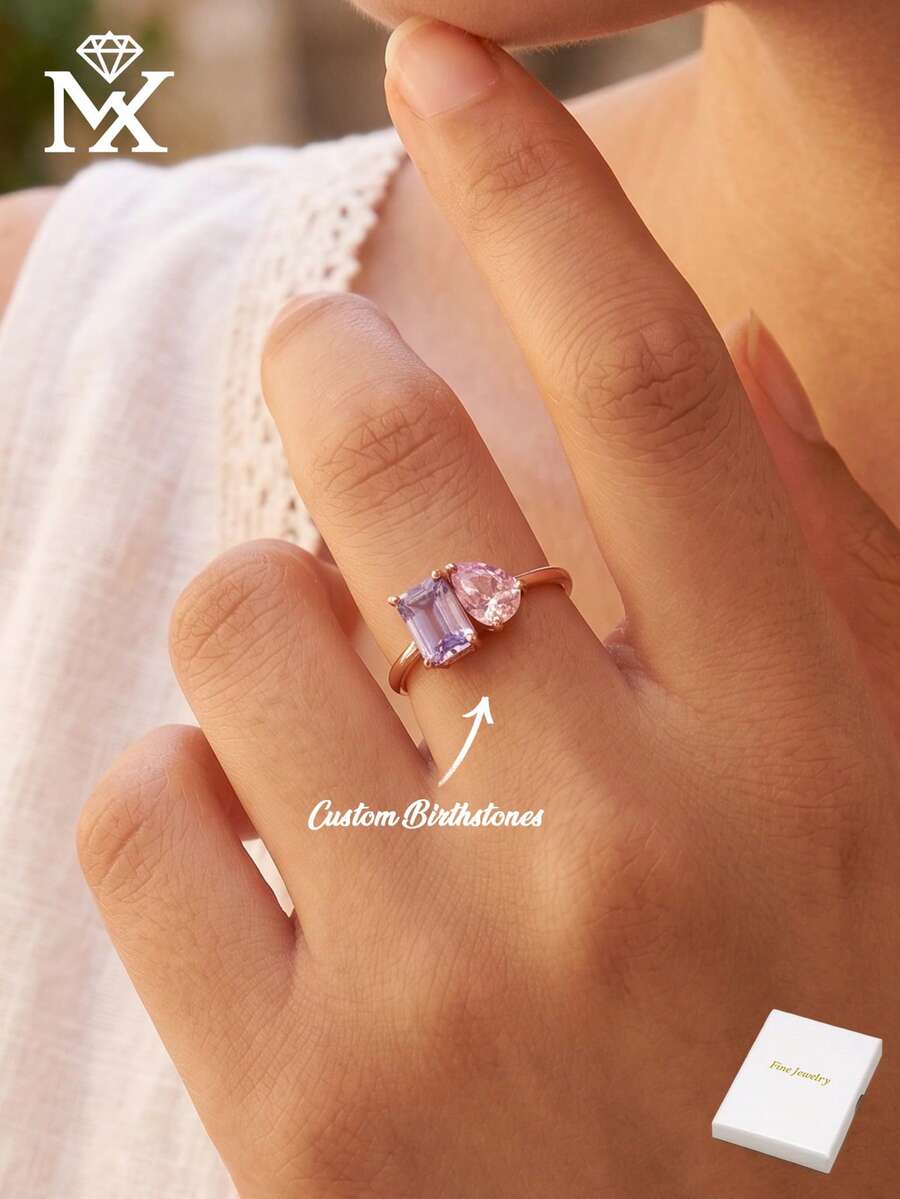Anillo de piedra natal asimétrico personalizado, anillo de piedra natal de corte en pera y anillo abierto de doble piedra natal - El regalo perfecto para la pareja, un regalo de Navidad ideal para ella - Multicolor - Ver 1